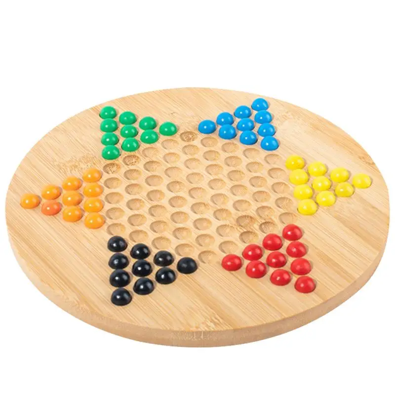 Wooden Checkers Board Game Glass Beads Chinese Wood Hexagonal Checkers Plate Glass Marble Checkers Board Games For Friends Famil