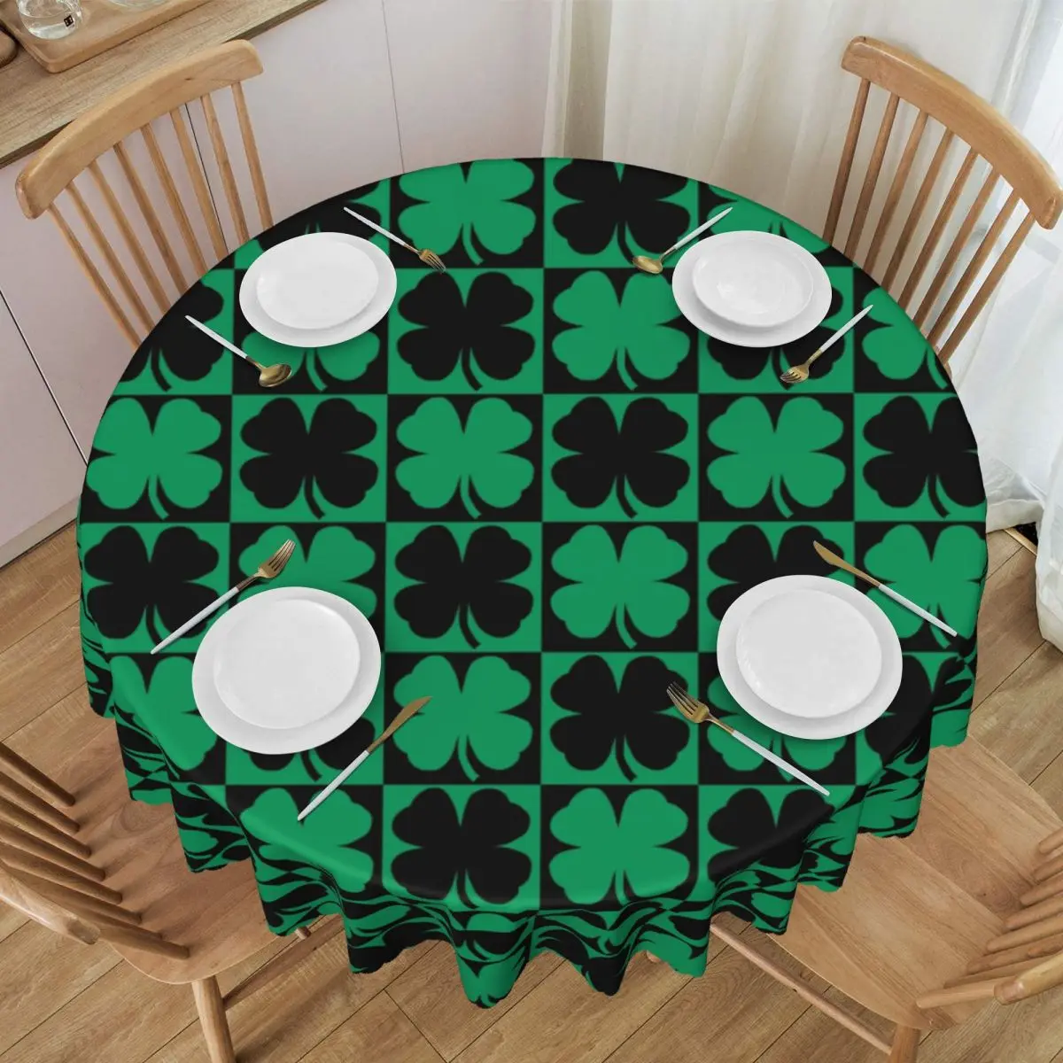 Custom Oilproof Green And Black Four Leaf Clover Floral Checkerboard Pattern Table Cover Lucky Saint Patrick Day Tablecloth