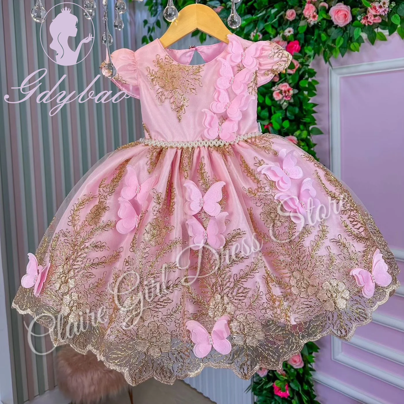 Maßgeschneiderte rosa Blumenmädchenkleider für die Hochzeit, goldene Applikationen, Perlen, Schmetterlinge, Kindergeburtstagsfeier, Erstkommunion, Ballkleid