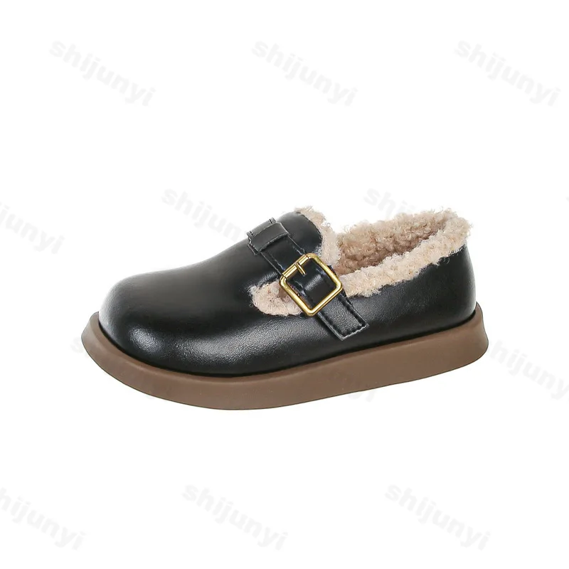 Children Plush Small Leather Shoes Fashion Buckle Girls Shoe 2024 Winter New Warm Cotton Shoes Kids Loafers Toddler Casual Shoes