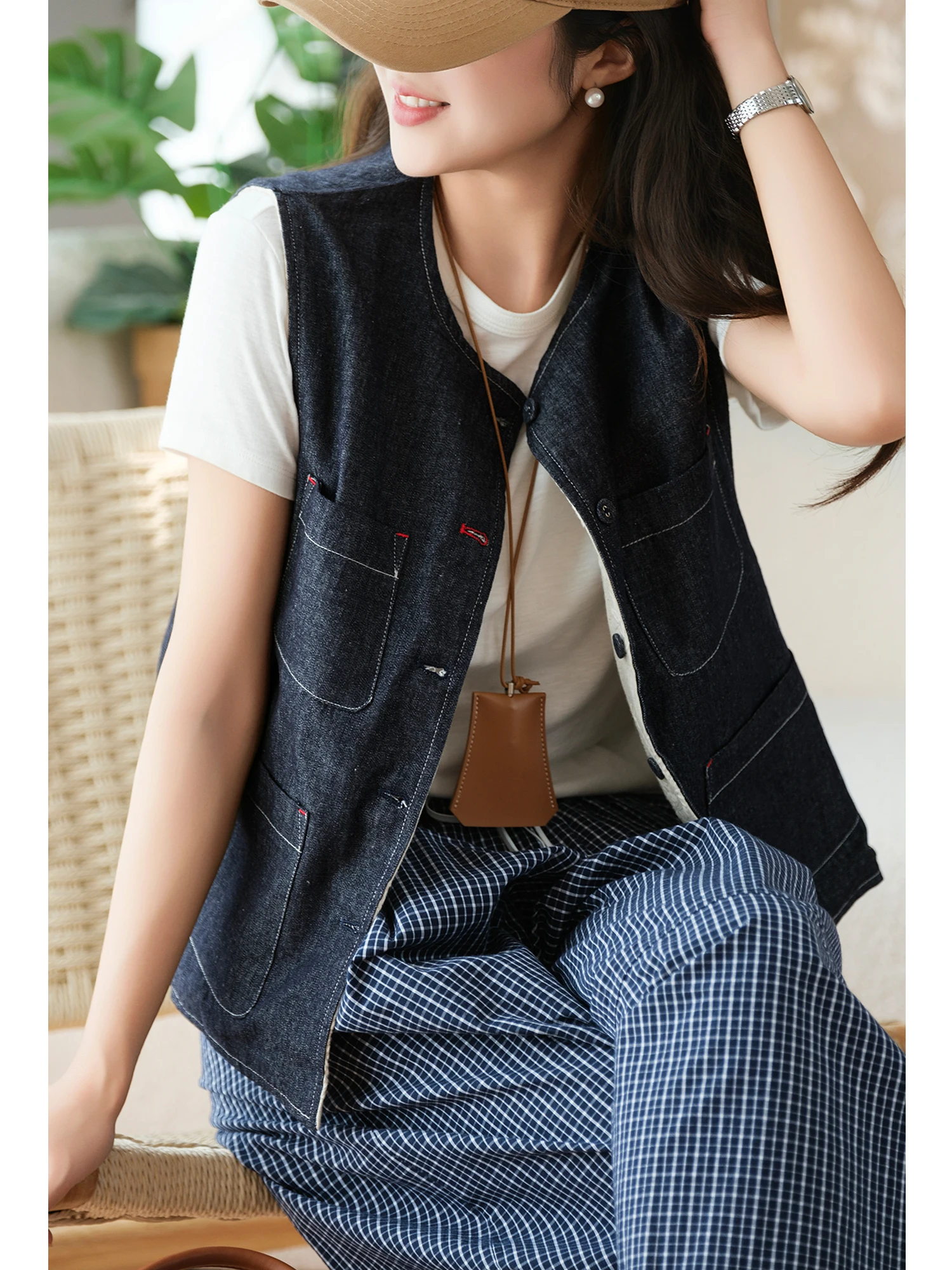 Two-Way Wear Cotton Denim Vest Embroidered Multi-Pocket Design  Button Eye for Women Loose Fit Regular Length Single ...