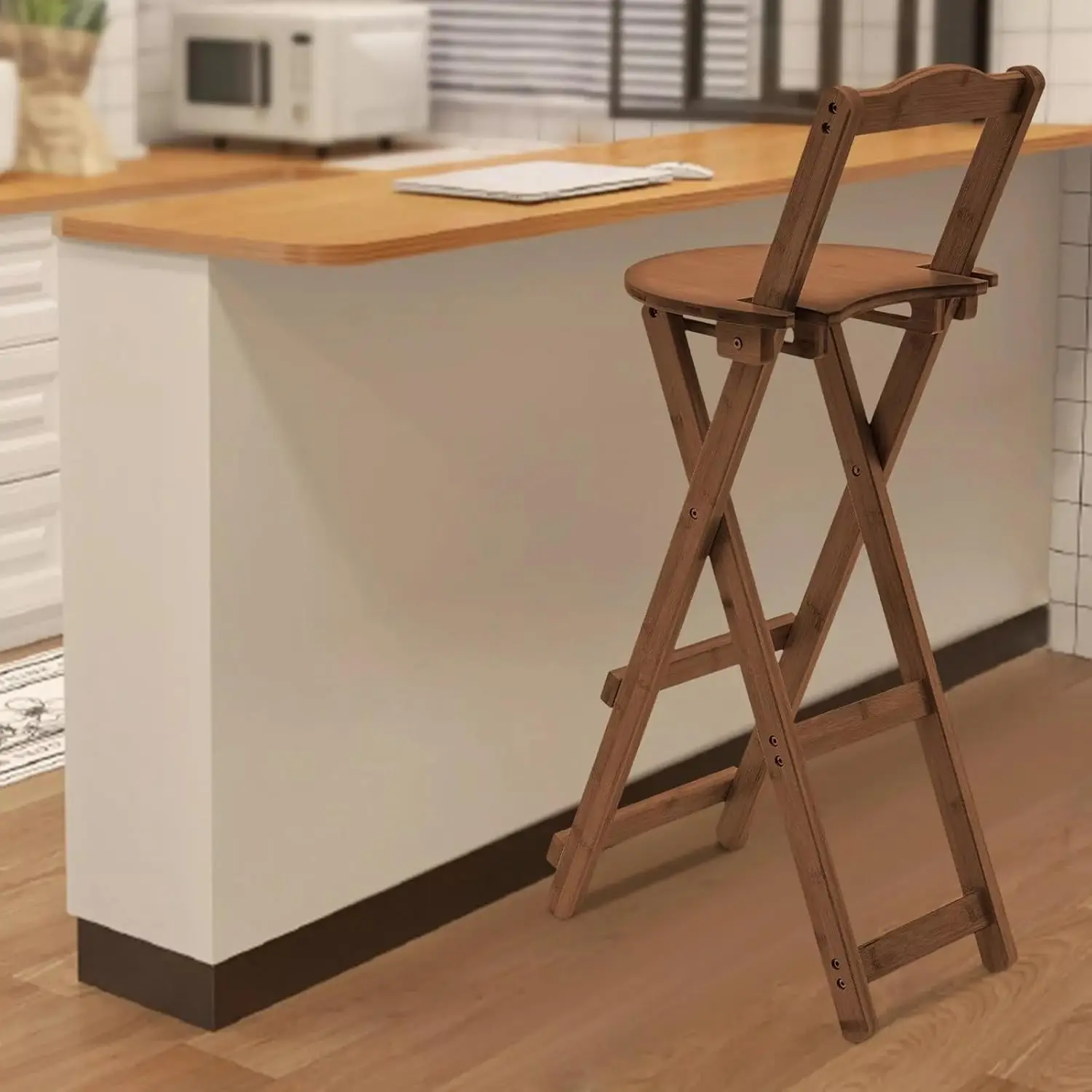 Folding Bar Stool Kitchen Counter Height Stool Foldable Bamboo Bar Stools With Backrest 24Inch Portable Wooden Bar Stools Tall