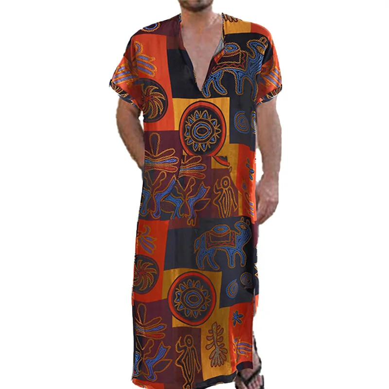 Muslim Men Summer 2023 Casual Printed Long Short Sleeved Robe Dubai Robe for Men