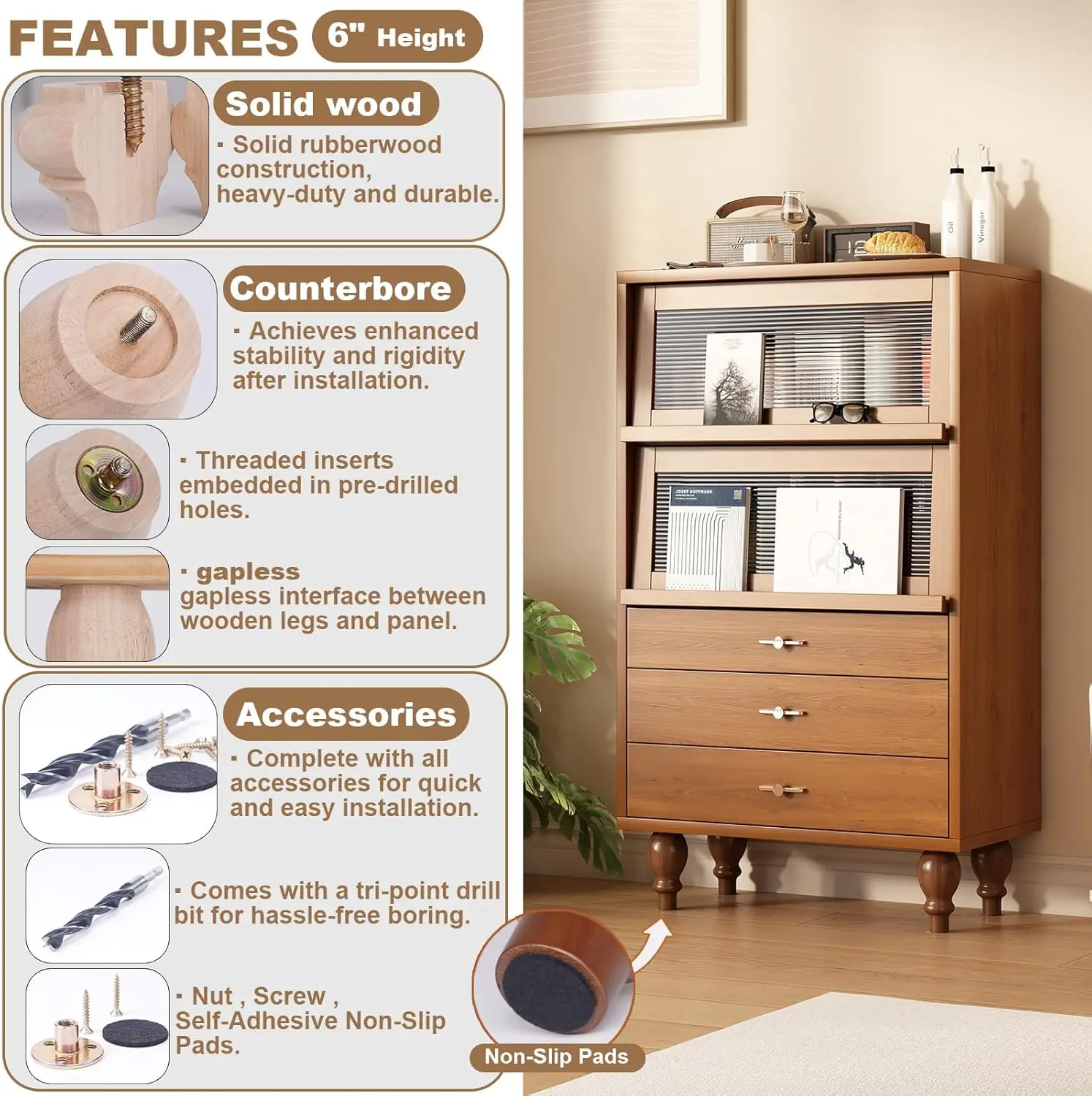 مجموعة أرجل أثاث خشبية مقاس 6 بوصات مكونة من 4 أرجل بديلة من الخشب المطاطي الصلب للأريكة والأريكة والطاولة والسرير والمقعد - خشبي لذلك #3