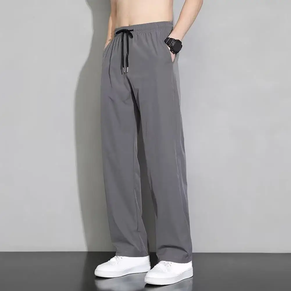 Solid Color Men Pants Quick Dry Men's Gym Training Sweatpants with Elastic Waist Side Pockets Lightweight Ice Silk Straight Leg