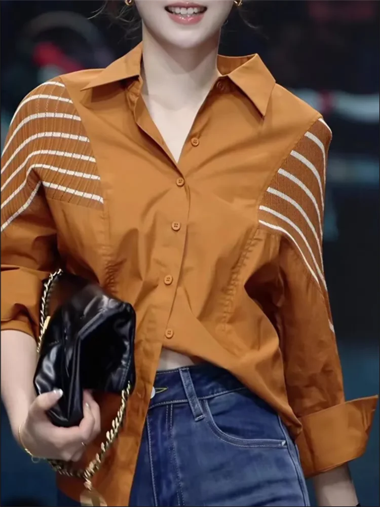 Camicia patchwork a righe Camicetta da donna Top con blocco colore Cardigan camicetta allentata di fascia alta con bottoni Camicie da donna primavera autunno
