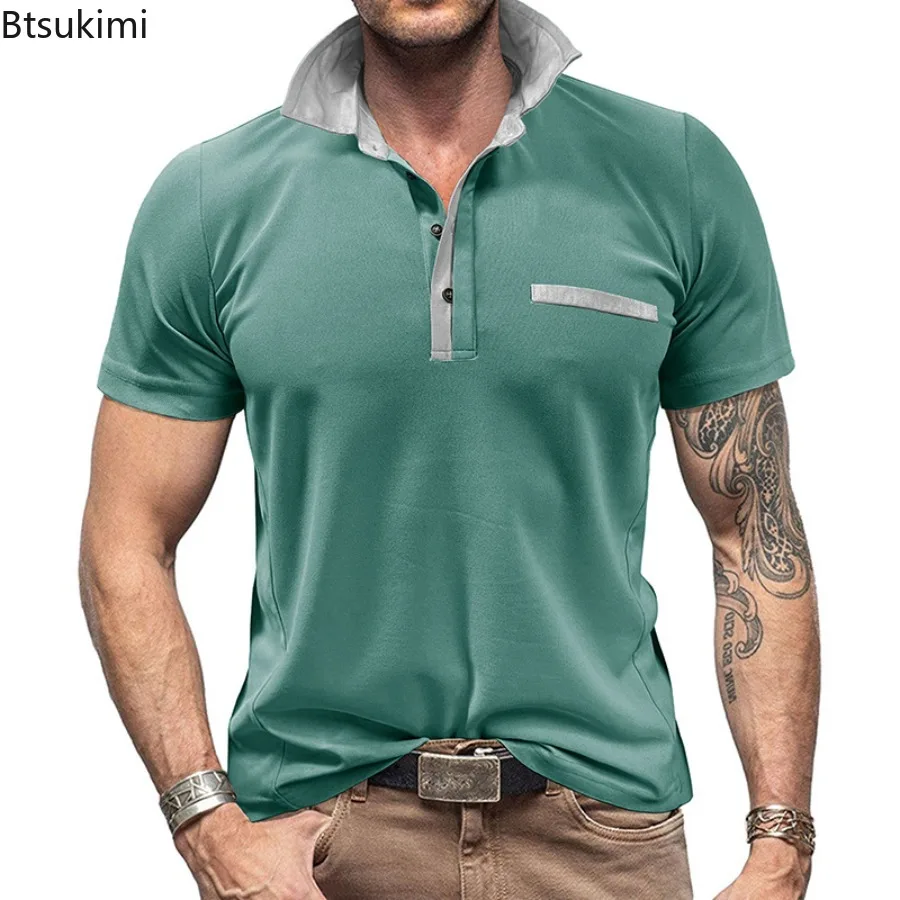 

Summer New Men's Patchwork Polo Shirts Fashion Contrast Color Design Short Sleeve Lapel T-shirts Men Business Casual Sport Tops