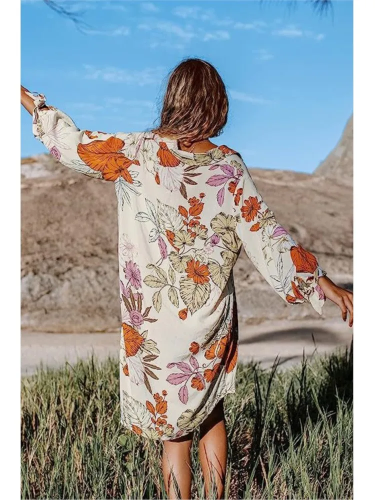 CPSYMYM  Fashion Floral Print Button Bikini Shirt Cover Up For Women Loose Holiday Chiffon Beach Dress Summer Casual Dress Beach