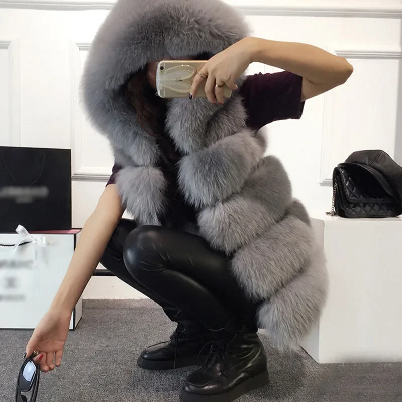 

Sleeveless Faux Fur Vest Winter Casual Outerwear Female Solid Fake Fox Fur Hooded Overcoats For Lady 2023 Fashion Fur Vest Femme