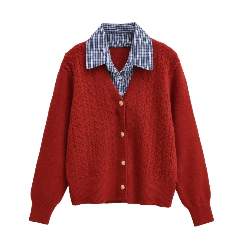 Luźny sweter rozpinany z dzianiny, kołnierz irt, wzór w warkocze, jesienno-zimowy, styl uniwersytecki, odzież wierzchnia, pojedynczy element, ciepły, ocieplający.