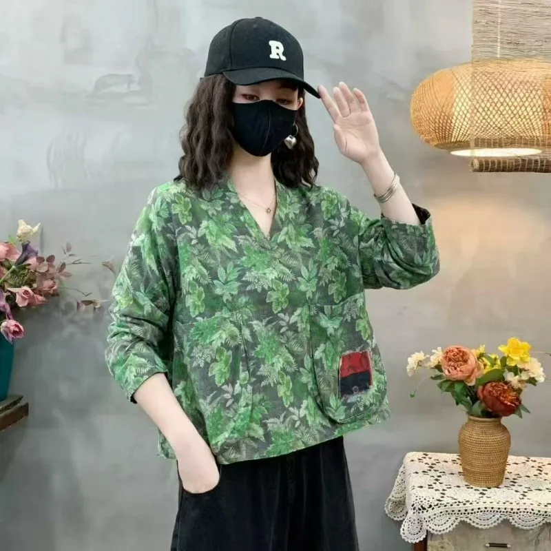 

Reversible Vintage Ethnic Style Floral Patterns Blouse Women Chinese Style Cotton Linen Long Sleeved Female Shirt Casual Tops