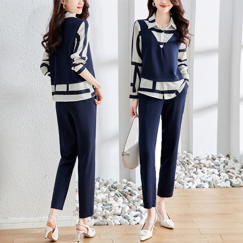 

2 Piece Fashion Spring Women's Suit 2023 New Pantsuits Elegant Korean Office Lady Slim Turn Collar Patchwork Top & Pencil Pants