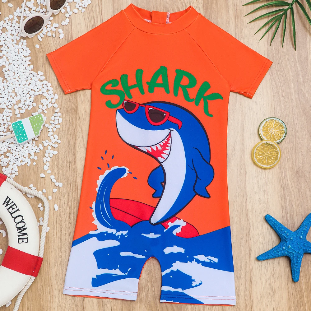 Baby Boys Short Sleeve Zipper One-Piece Swimsuit Cartoon Shark Swimwear Sun Protection Bathing Suit for Summer