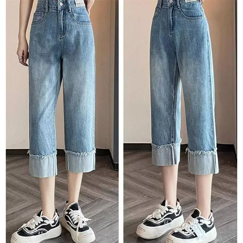 

Корейские женские свободные тонкие прямые джинсовые брюки 2025 женские завитые прямые джинсы летние женские модные ковбойские брюки с высокой талией