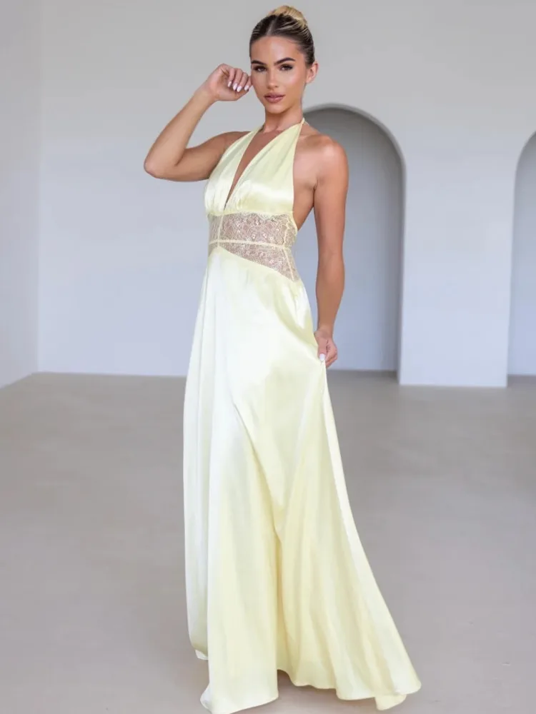 Arctic Cat Elegantแขวนคอซาตินลูกไม้Patchworkชุดผู้หญิงเซ็กซี่ลึกV Backless Bodycon Partyชุดราตรี 2025 ฤดูร้อน