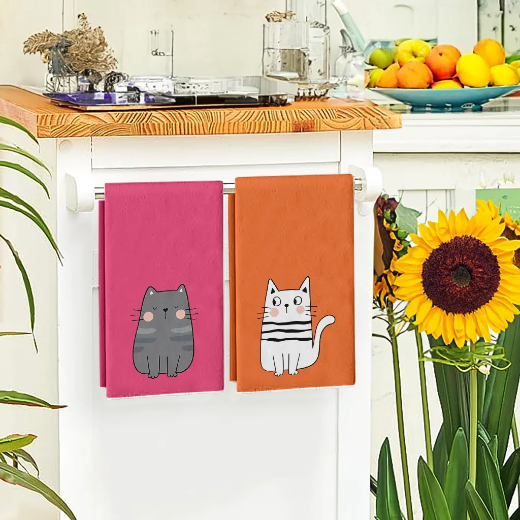 2Pcs, Pink-Orange Quirky Cat Kitchen Towels, 40Cm*60Cm Towel Set, Super Absorbent Soft Cleaning Cloth, Cooking and Baking Towels