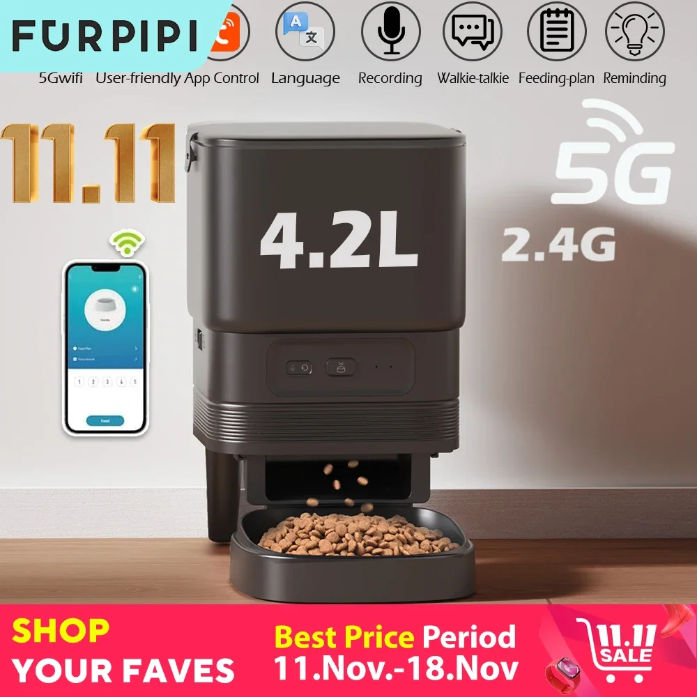 Automatic Feeder for Cat Dog 5G WiFi Smart Cat Feeder Feed Time Setting for Pets Dogs Cats Food Automatic Dispenser Bowl Furpipi