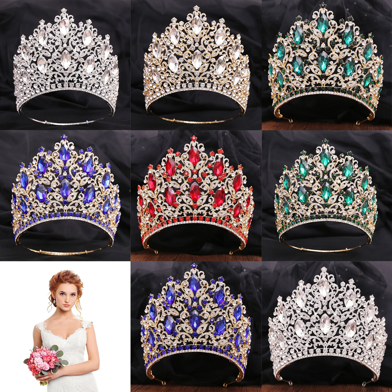 Adult Princess Colorful Crown Baroque Headwear with Sparkly Rhinestones for Bride Bridesmaid Princess Costume PR Sale