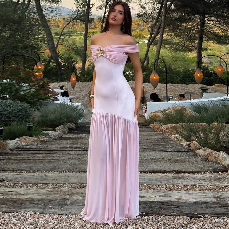 Suninheart letnie sukienki dla gości weselnych damskie 2025 różowe sukienki maxi z odkrytymi ramionami obcisłe sukienki na imprezę