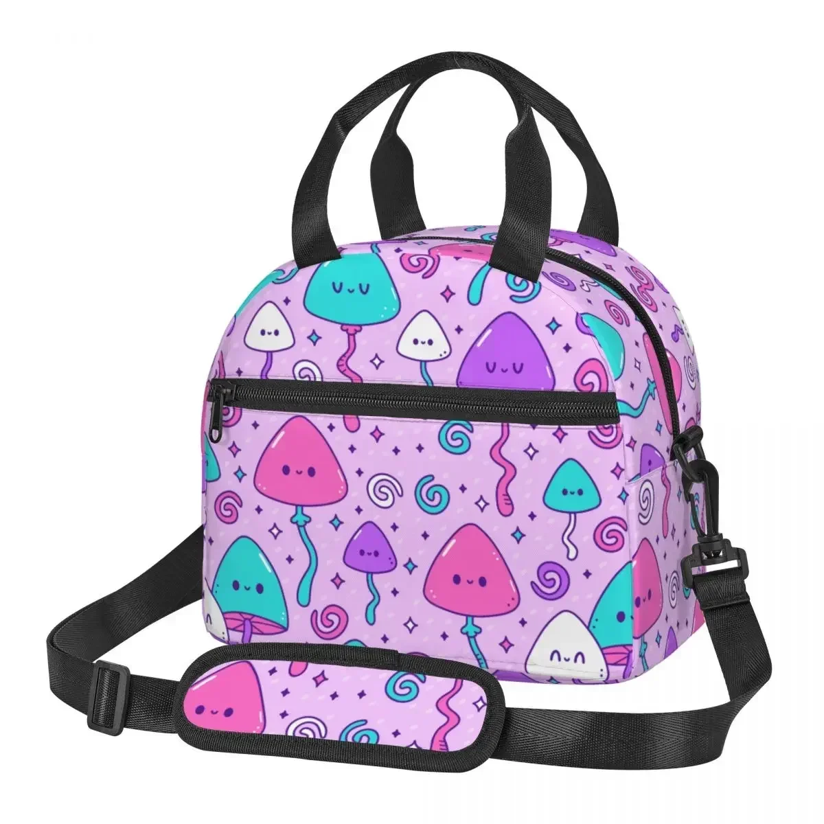 

Cute Happy Smile Magic Mushroom Product Large Insulated Lunch Bag With Adjustable Shoulder Strap Cooler Thermal Lunch Boxes