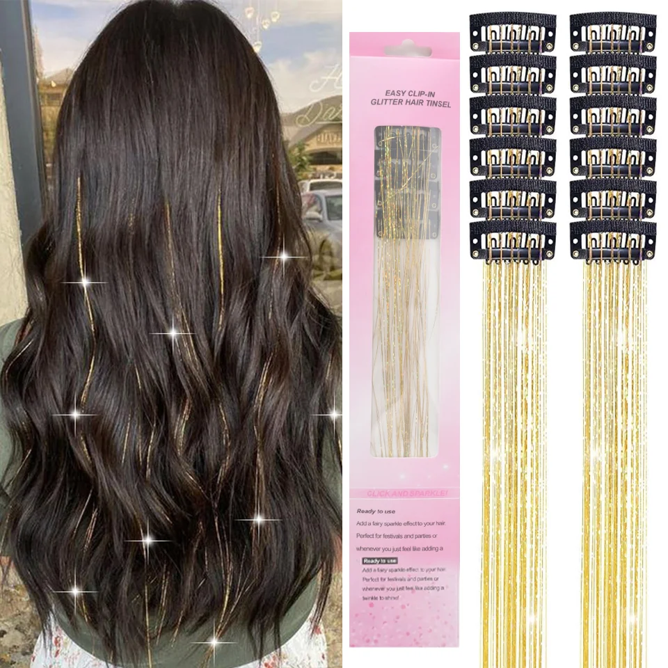 

12pcs, 20 Inch Synthetic Shiny Hair Clip Hair Extensions, Suitable For Music Festival, Party, Christmas Day Hair Accessories