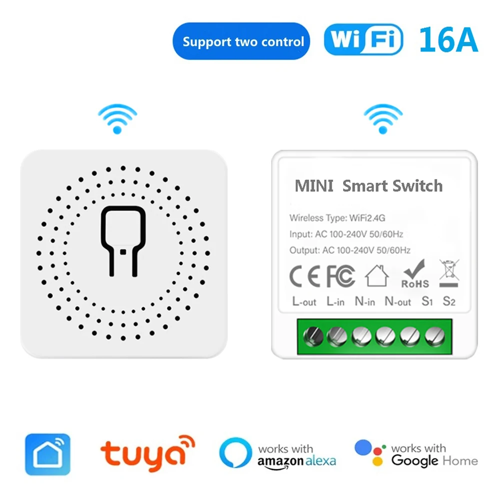 Mini interrupteur Wifi 16A, bricolage, disjoncteur de commande bidirectionnel, relais de synchronisation, maison intelligente, fonctionne avec Tuya Smart Life Alexa Alice Google Home