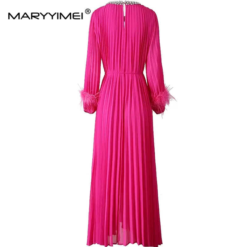 MARYYIMEI Autumn Winter Women\'s Ball Gown Dress Long-Sleeved Feathers Lace-Up Beading Vintage Solid Color Evening Dresses