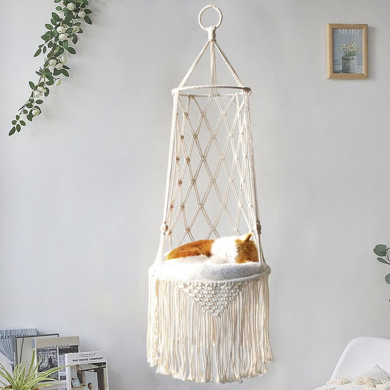 Macrame Cat Hammock Boho Handwoven Tassels Wall Hanging Pet Kitten Sleeping Climbing Playing Swing Bed Basket Tapestry