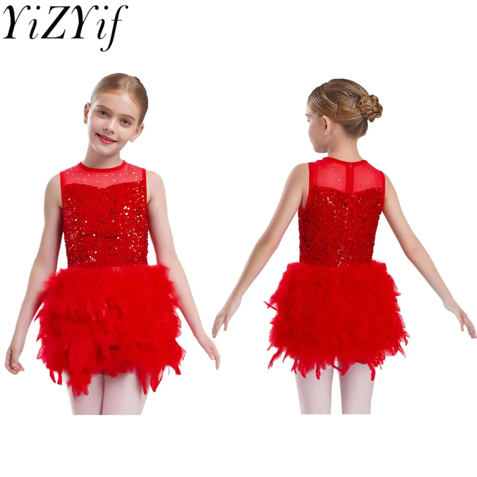 

Kids Girls Glittery Ballet Ballroom Dance Performance Tutu Dresses Sleeveless Sequins Feather Dress for Modern Waltz Dance Wear