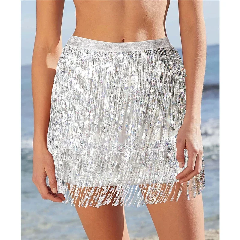 

Women Sequined Fringe Skirt Glitters Elastic Waist Miniskirt Mini Skirt for Dance Rave Party Black/Silver/Gold/Red