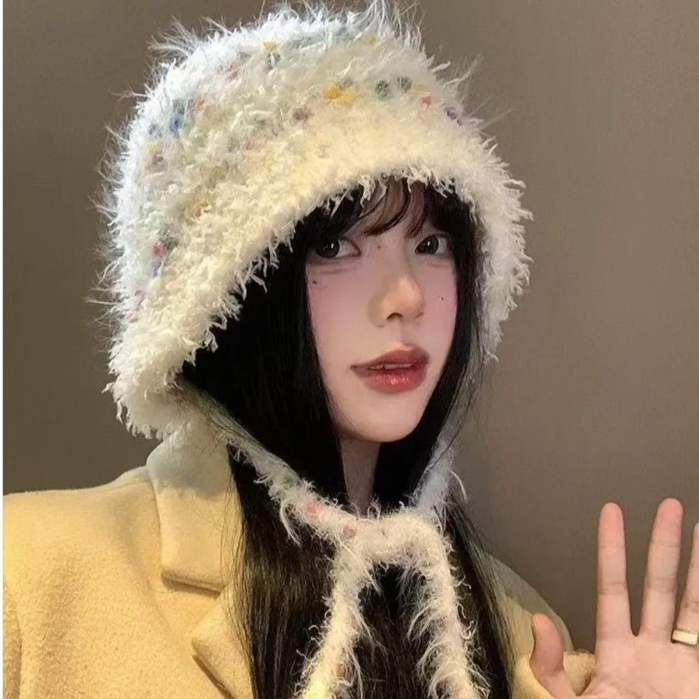 Cute Warm Winter Hat Ear Protection Lacing Bucket Hat Casual Thickened Earmuff Knitted Hat for Women