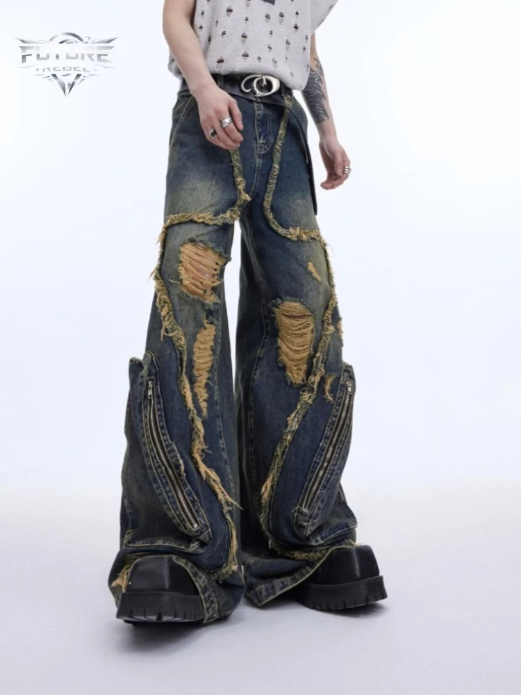 Mens Jeans Deconstructed Fringe Distressed Denim Pants Harajuku Unisex Loose Fit Multi Pocket Cargo Streetwear Casual Fashion