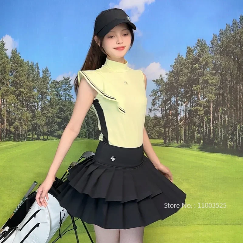 SG Women Ruffle Fly Sleeves Shirt Summer Sleeveless Golf Top Ladies Pleated Short Skirt A-Lined Golf Skort Quick-dry Sports Wear