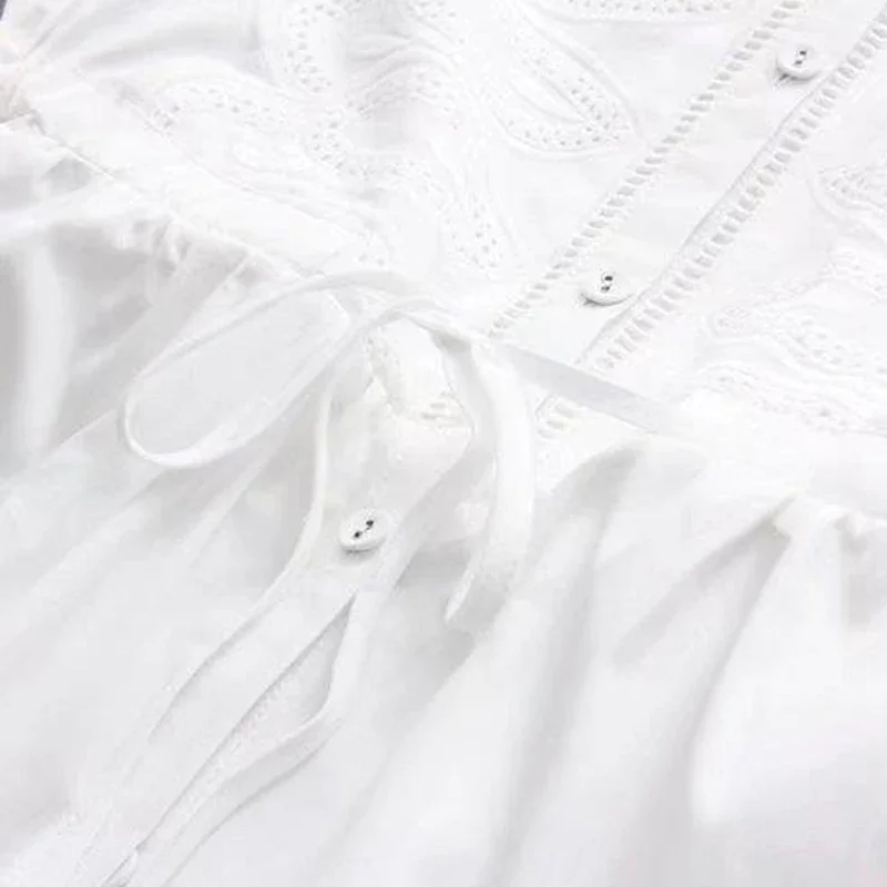 Spring Autumn Sweet Floral Embroidery Cotton Shirt Women Solid Color  Lace Stand Collar Long Sleeve Casual Looose Blouse Tops