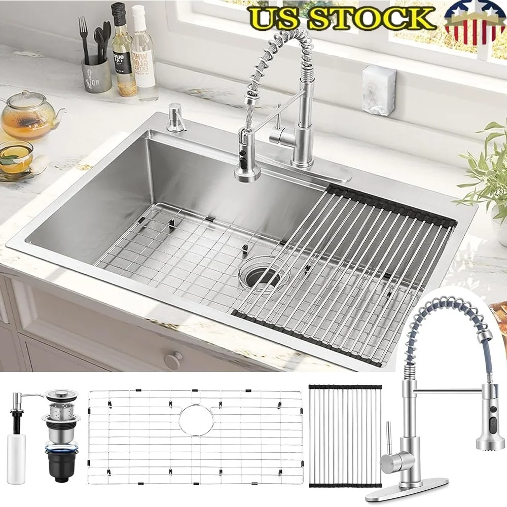 

33x22 Inch Drop In Kitchen Sink Stainless Steel Single Bowl with Faucet Noise Reducing Quick Drain Accessories Set