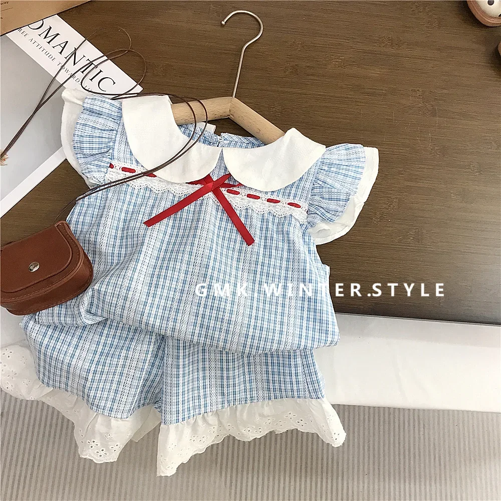 

Летний клетчатый комплект с рукавами-крылышками для девочек, новая детская кукольная рубашка, комплект из двух предметов, летняя одежда для малышей, модная повседневная одежда