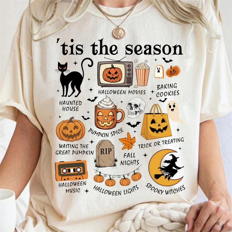 Halloween Pattern Printed Women's Casual T-Shirt Clothing Cartoon Short Sleeved Round Neck Women's Trendy Summer Street T-Shirt