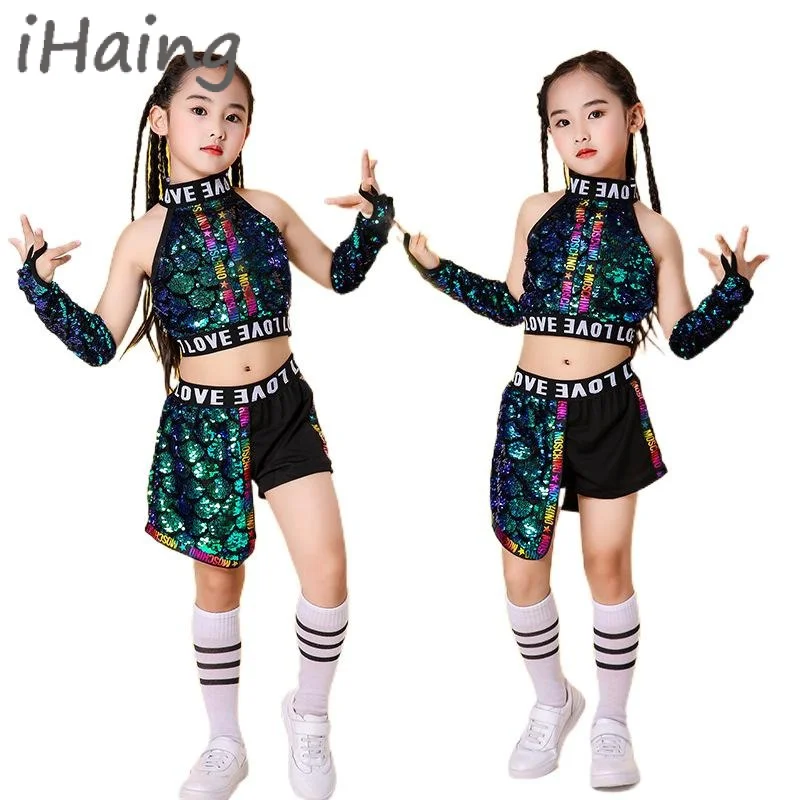 

Kids Colorful Sequins Jazz Dance Costume Girl Boys Shining Street Dancing Top with Shorts Children's Day Cheerleader Performance