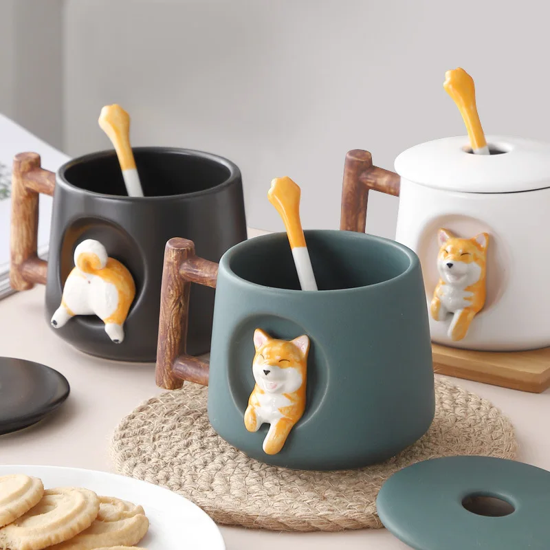 Ceramic Spoon with Lid for Couple\'s Coffee Mug, Shiba Indy Cup, Cute Mug, Creative Gift