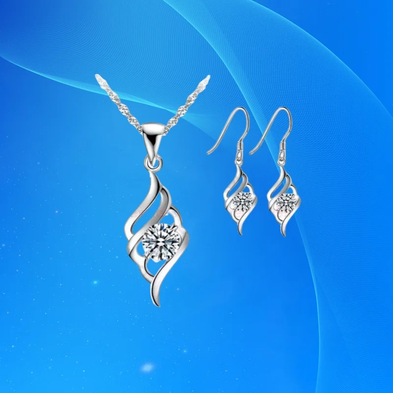 

925 Sterling Silver Wings Shape Cubic Zircon Pendant Necklace Hook Earrings Set for Women Girl Wedding Party Trendy Jewelry Gift