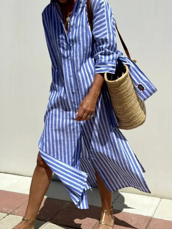 

Spring Autumn Striped Dress Women s Geometric Printing Lace On Holiday Elegant Lapel Button A Line Long Sleeve Shirt Dress 2025
