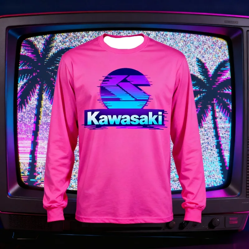 Camicia rosa a maniche lunghe con motivo logo Kawasaki retrò - stile Glitch