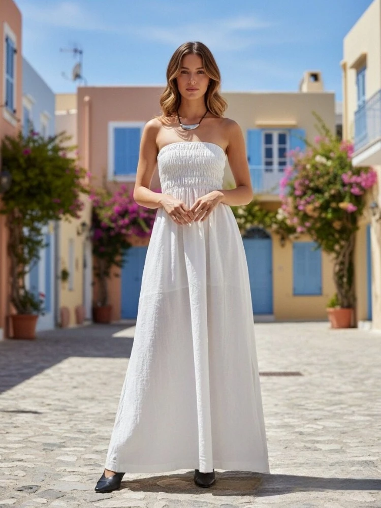 

Tsiisd Summer White Backless Strapless Long Dress Women Fashion Pleats High Waist Elegant Party Evening Dress Female Maxi Dress