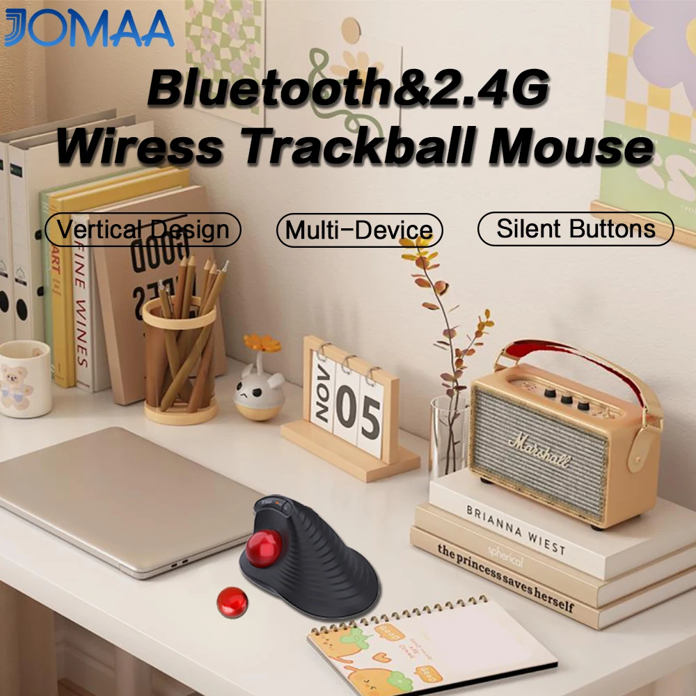 Ergonomic Bluetooth5.0&2.4G Wireless Trackball Mouse with Vertical Design&Speed Roller,Rechargeable 1000DPI Optical Mice-Black