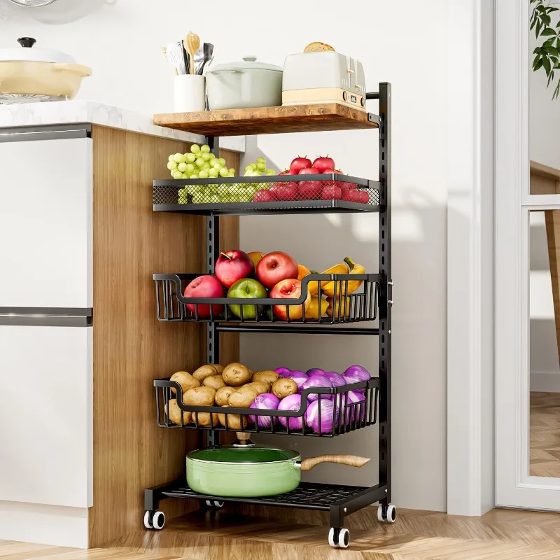 

5 Tier Fruit Basket Kitchen Storage Cart, Adjustable Fruit and Vegetable Basket, Wooden Top Table Fruit Rack, Snack Cart