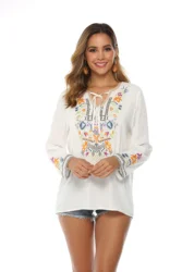 Eaeovni White Floral Embroidery Blouses Shirt Women Cotton Boho Mexican Shirt Long Sleeve Shirt