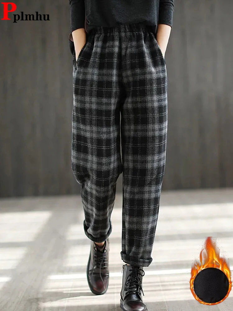 

Velvet Lined Warm Black Plaid Harem Ankle-length Pants Winter Casual Thicken High Waist Pantalone Classic Snow Wear Spodnie New