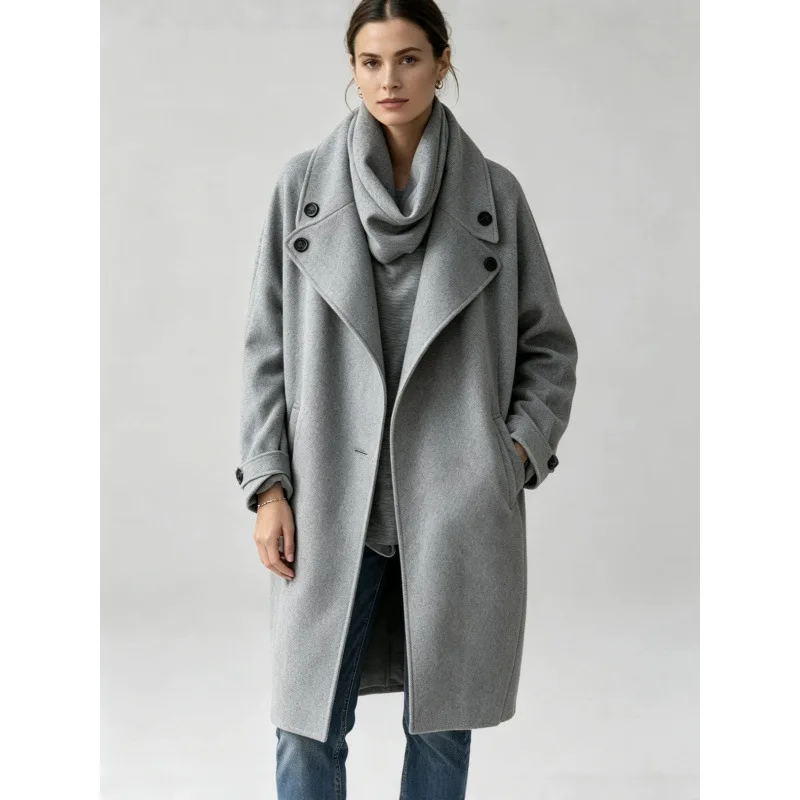 KIDCRKJ 2026 Autumn Winter Women Long Wool Coat Elegant Double Breasted Lapel Overcoat Ladies Loose Fit Warm Casual Outerwear