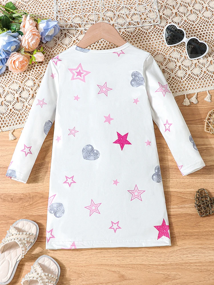 Girls Autum Little Princess Unicorn Star Pattern Round Neck Long-Sleeved Dress