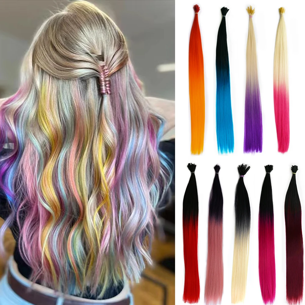 

50 Strands/set I Tip hair Extensions Long Straight Hairpieces Rainbow Color Hair Extensions 20inch Synthetic Hair Ombre Color